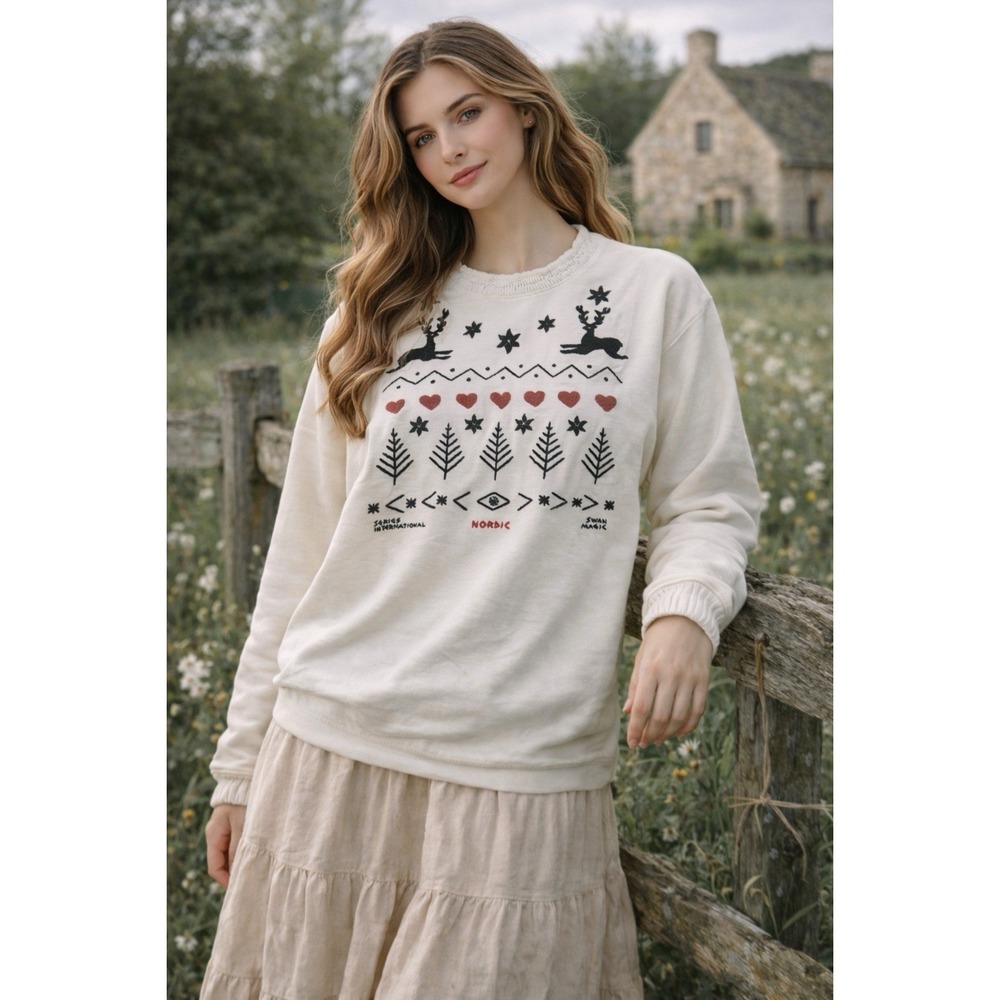 Vtg Swan‎ Magic Sweatshirt Womens L Nordic Deer Embroidered Cottagecore Folk